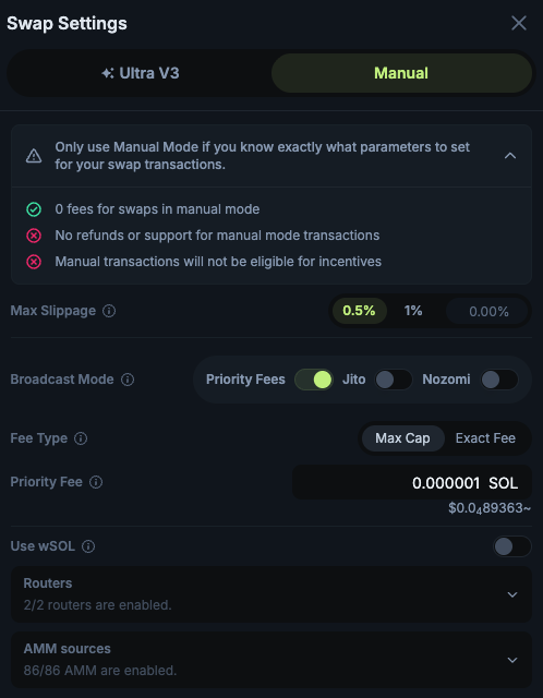 Jupiter swap settings showing manual fee controls