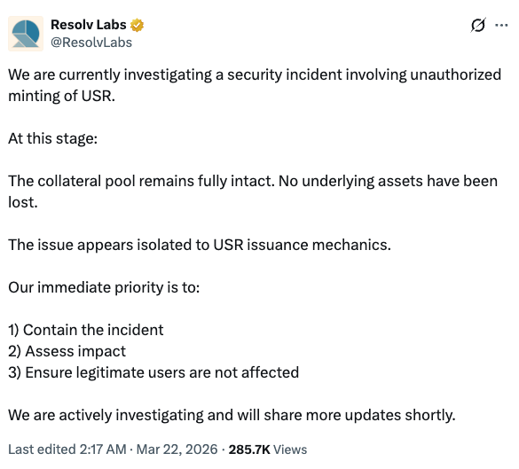Resolv Labs tweet about the USR security incident